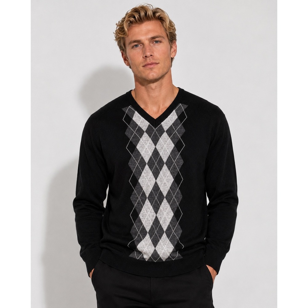 Merona‎ Mens Italian Merino Wool Argyle V-Neck Sweater Black Grey XL RN17730